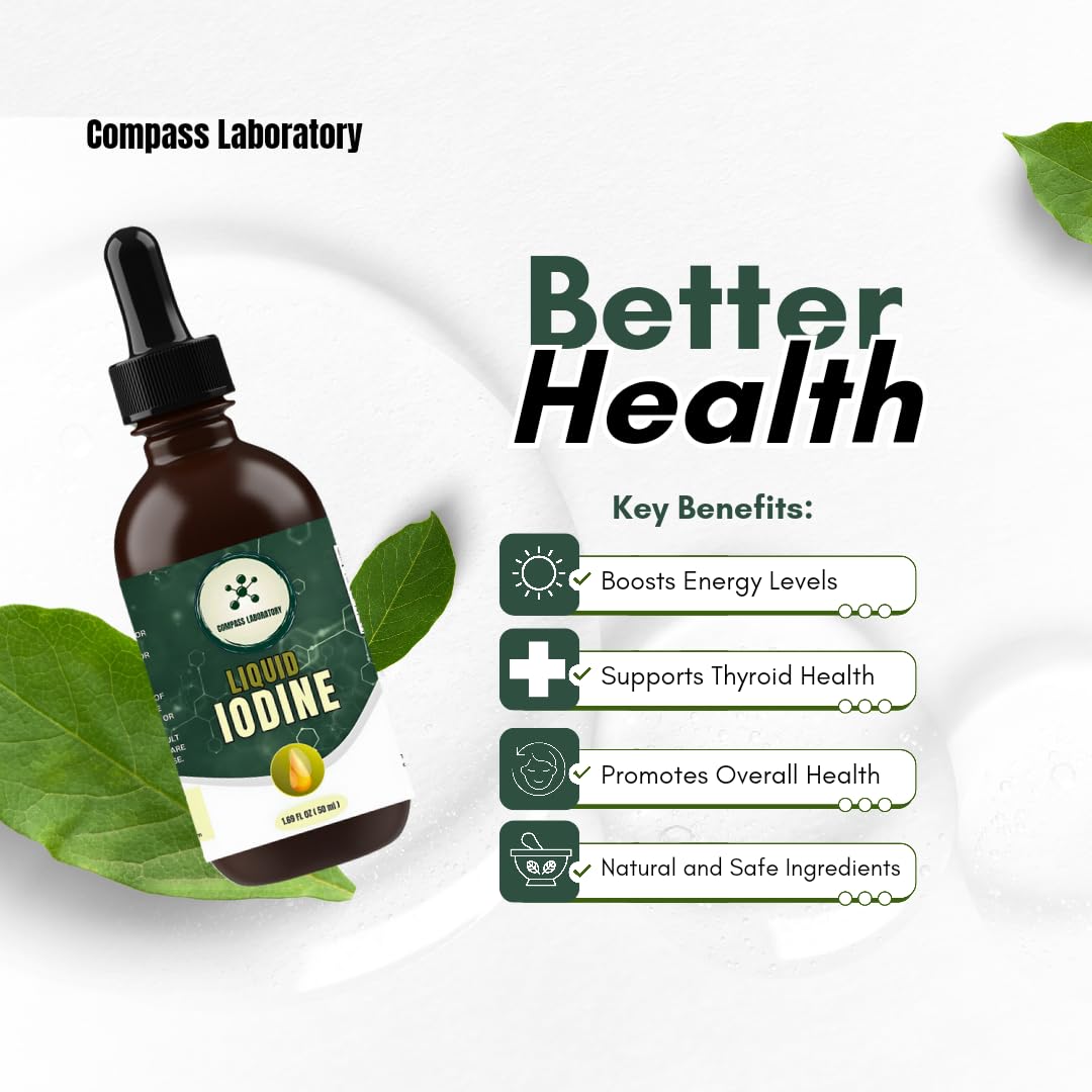 Compass Laboratory Iodine Liquid Drops – 50ml, 250mcg/Serving, High-Purity Dietary Supplement