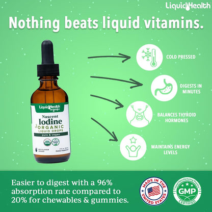 LIQUIDHEALTH Nascent Iodine Drops – USDA Organic, Colorless & Tasteless, Made in USA (2 oz) – Thyroid & Immunity Support, Vegan