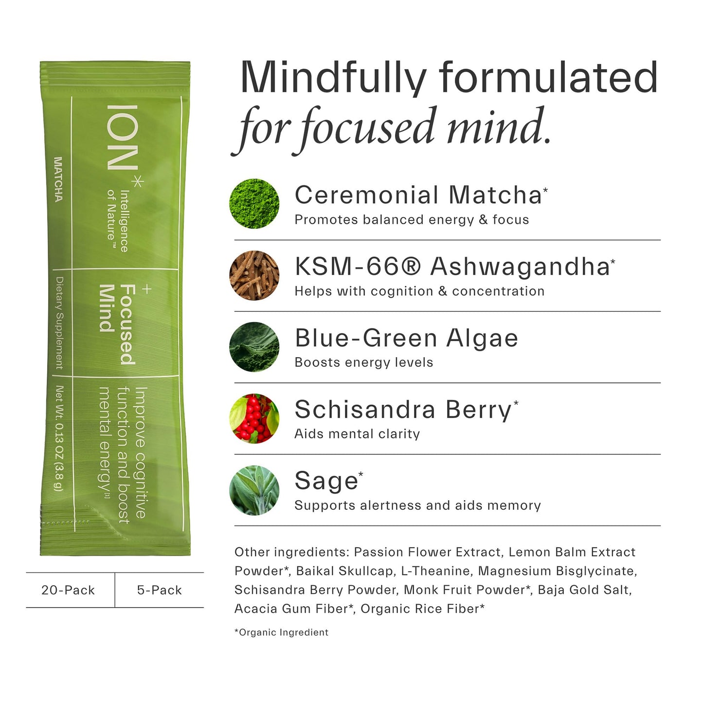 ION* Focused Mind Nootropic Powder Drink Mix – Matcha Brain Boost (5 Pack)