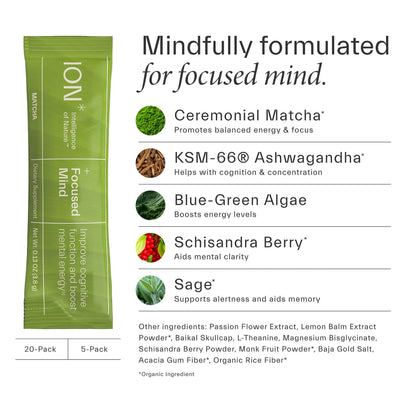 ION* Focused Mind Nootropic Powder Drink Mix – Matcha Brain Boost (5 Pack)