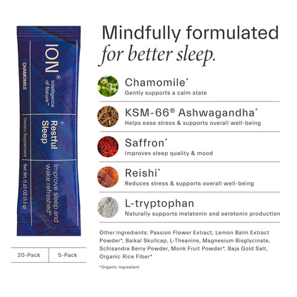 ION* Intelligence of Nature Restful Sleep - Ashwagandha Calm Sleep Aid Powder Drink Mix with Magnesium and L-Theanine (5 Packets) for Women and Men