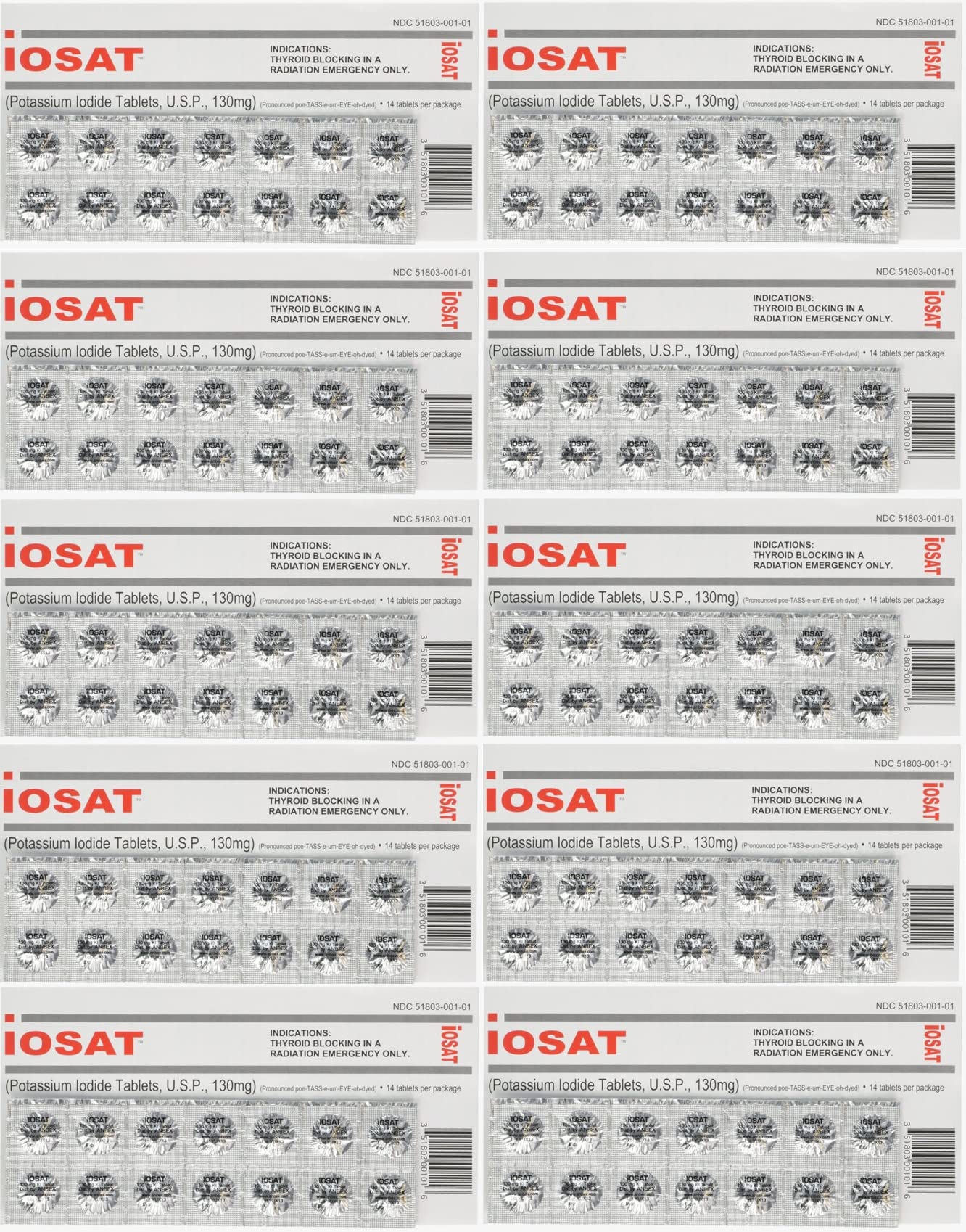 iOSAT Potassium Iodide Tablets 130 mg – 14 Tablets per Pack, 10 Packs