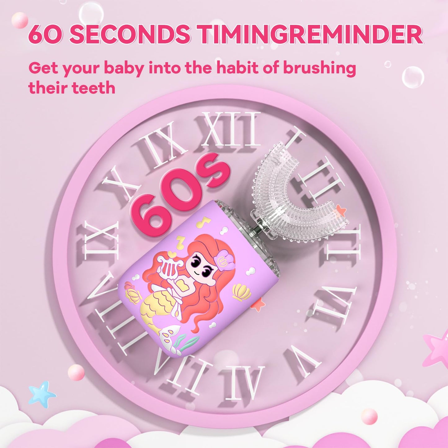 Kids U-Shaped Electric Toothbrush – Mermaid Purple, 6 Modes, Rechargeable (Ages 2-6)