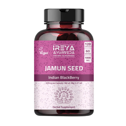 Ireya Ayurveda Jamun Seed 1000mg (120 Capsules) – Organic Indian Blackberry (Eugenia jambolana) – 60-Day Supply