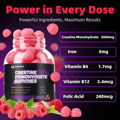 IRIDESICENT Creatine Gummies 5000mg – Iron, B6 & B12, Sugar Free, 90 Raspberry