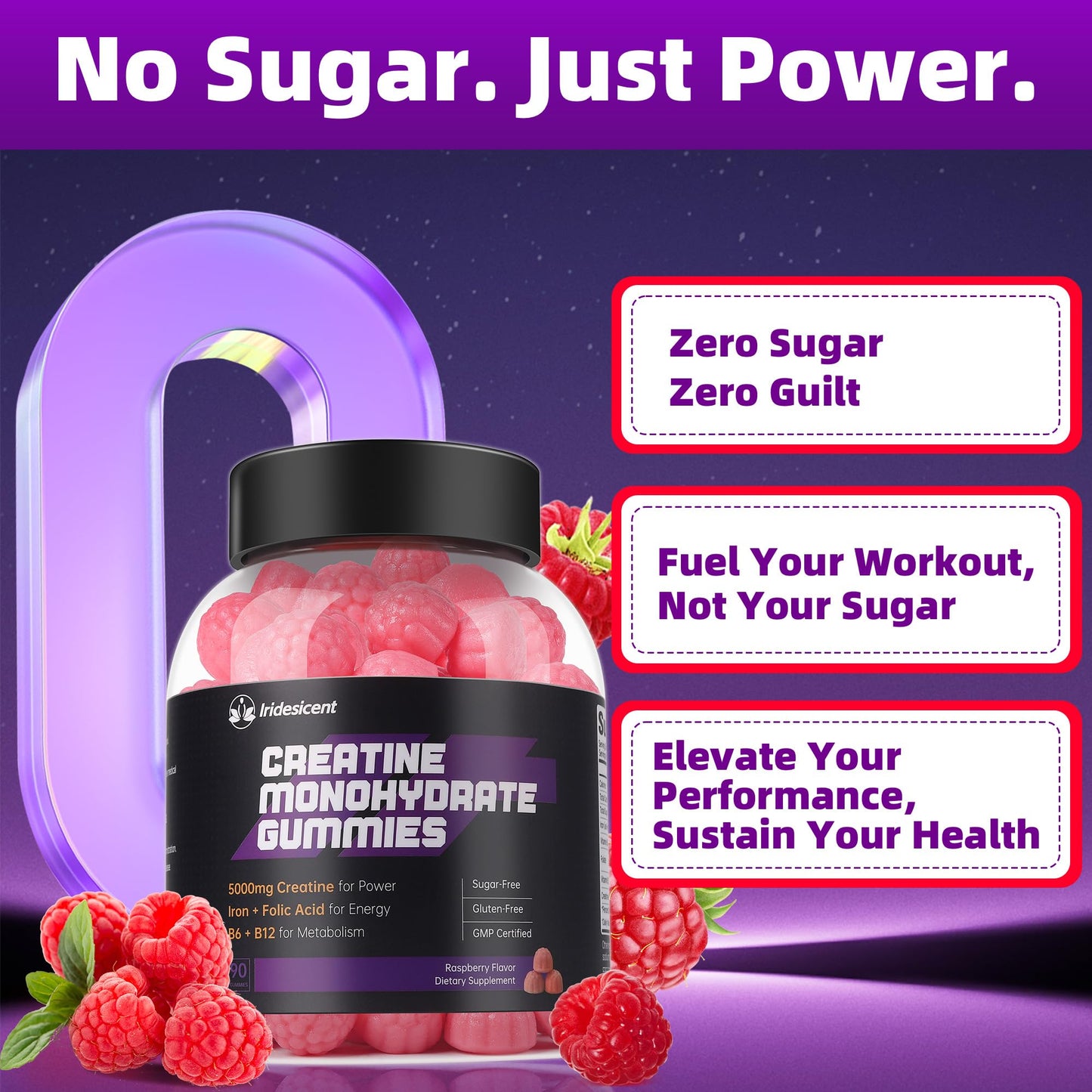 IRIDESICENT Creatine Gummies 5000mg – Iron, B6 & B12, Sugar Free, 90 Raspberry