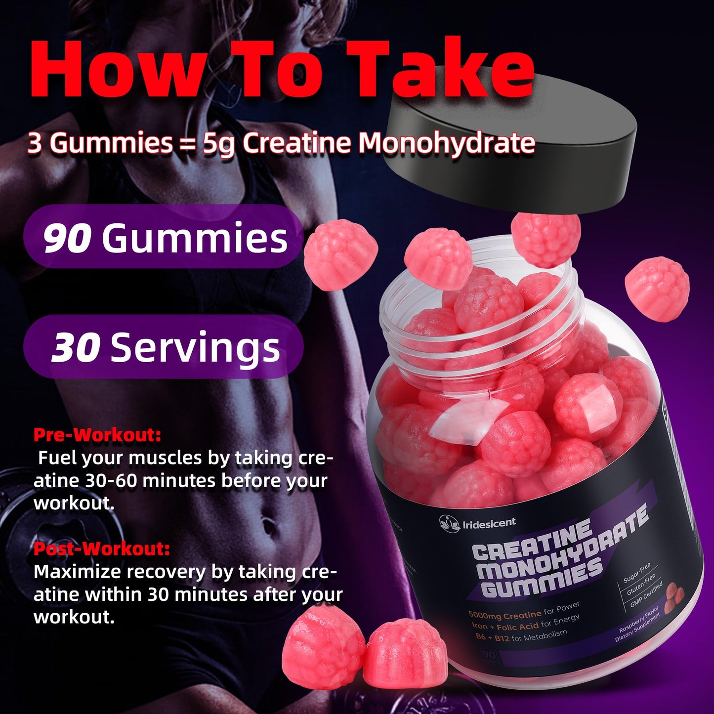 IRIDESICENT Creatine Gummies 5000mg – Iron, B6 & B12, Sugar Free, 90 Raspberry