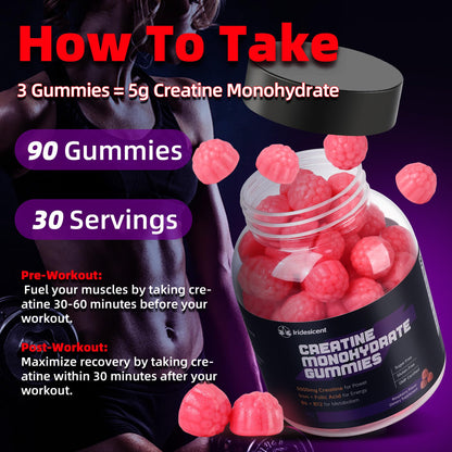 IRIDESICENT Creatine Gummies 5000mg – Iron, B6 & B12, Sugar Free, 90 Raspberry