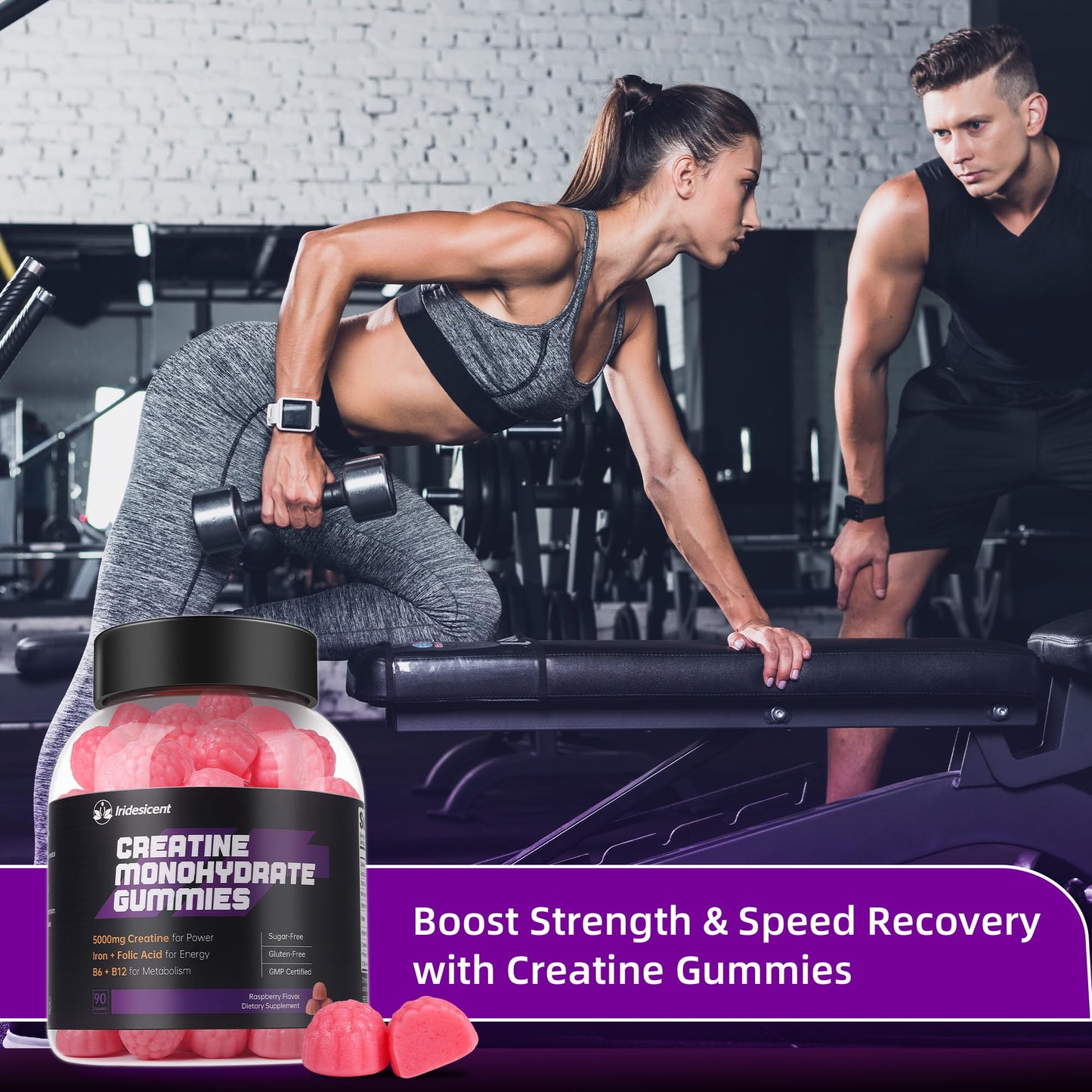 IRIDESICENT Creatine Gummies 5000mg – Iron, B6 & B12, Sugar Free, 90 Raspberry