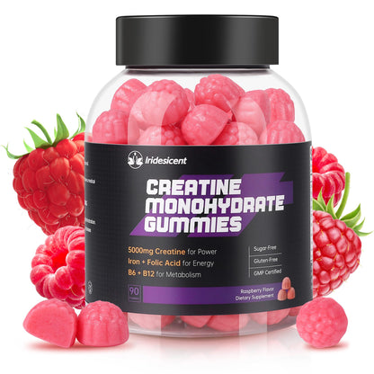 IRIDESICENT Creatine Gummies 5000mg – Iron, B6 & B12, Sugar Free, 90 Raspberry
