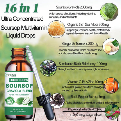 Soursop Graviola Liquid Drops – Organic 16-in-1 Immune Support (2 fl oz) with Sea Moss, Elderberry, Vitamin C & Zinc