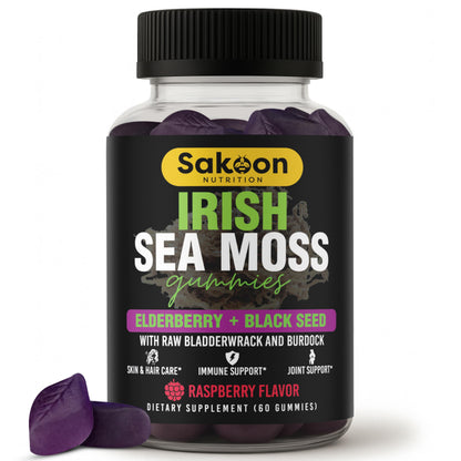 Irish Sea Moss Gummies with Elderberry & Black Seed Oil - 60 Gummies | Raspberry Flavor for Overall Wellness