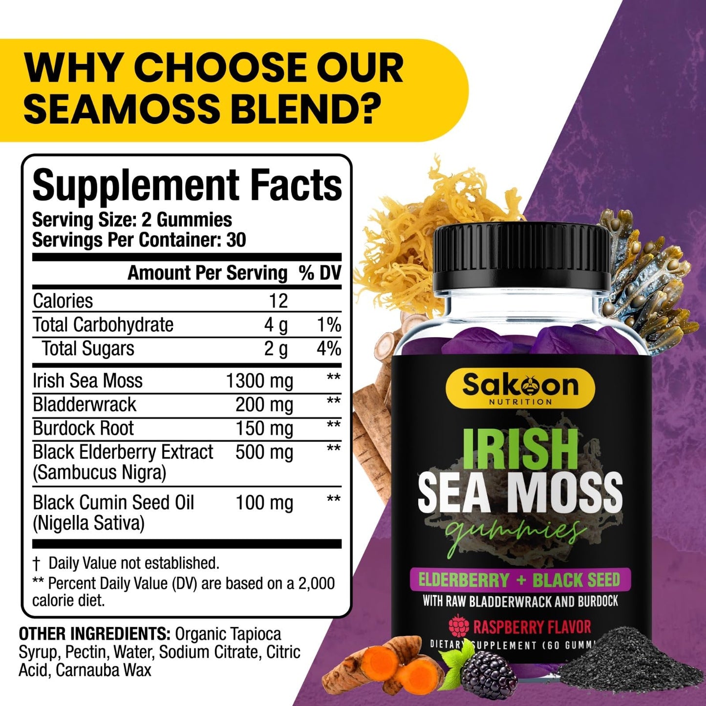 Irish Sea Moss Gummies with Elderberry & Black Seed Oil - 60 Gummies | Raspberry Flavor for Overall Wellness