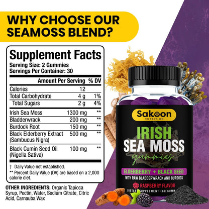Irish Sea Moss Gummies with Elderberry & Black Seed Oil - 60 Gummies | Raspberry Flavor for Overall Wellness