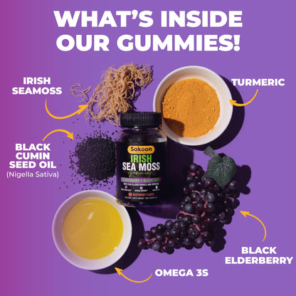Irish Sea Moss Gummies with Elderberry & Black Seed Oil - 60 Gummies | Raspberry Flavor for Overall Wellness