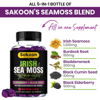 Irish Sea Moss Gummies with Elderberry & Black Seed Oil - 60 Gummies | Raspberry Flavor for Overall Wellness