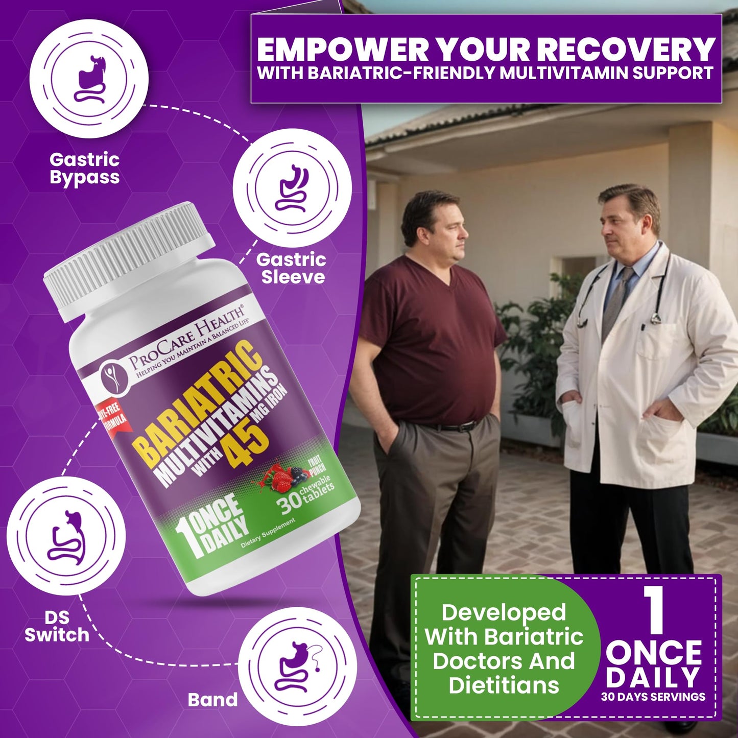 ProCare Health Bariatric Multivitamin with Iron 45mg – Fruit Punch Chewable (30 Tablets)
