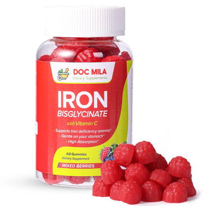 Iron Bisglycinate Gummies 25mg + Liposomal Vitamin C – 60 Gummies for Kids & Adults (1 Month Supply) | Chelated Iron Supplement