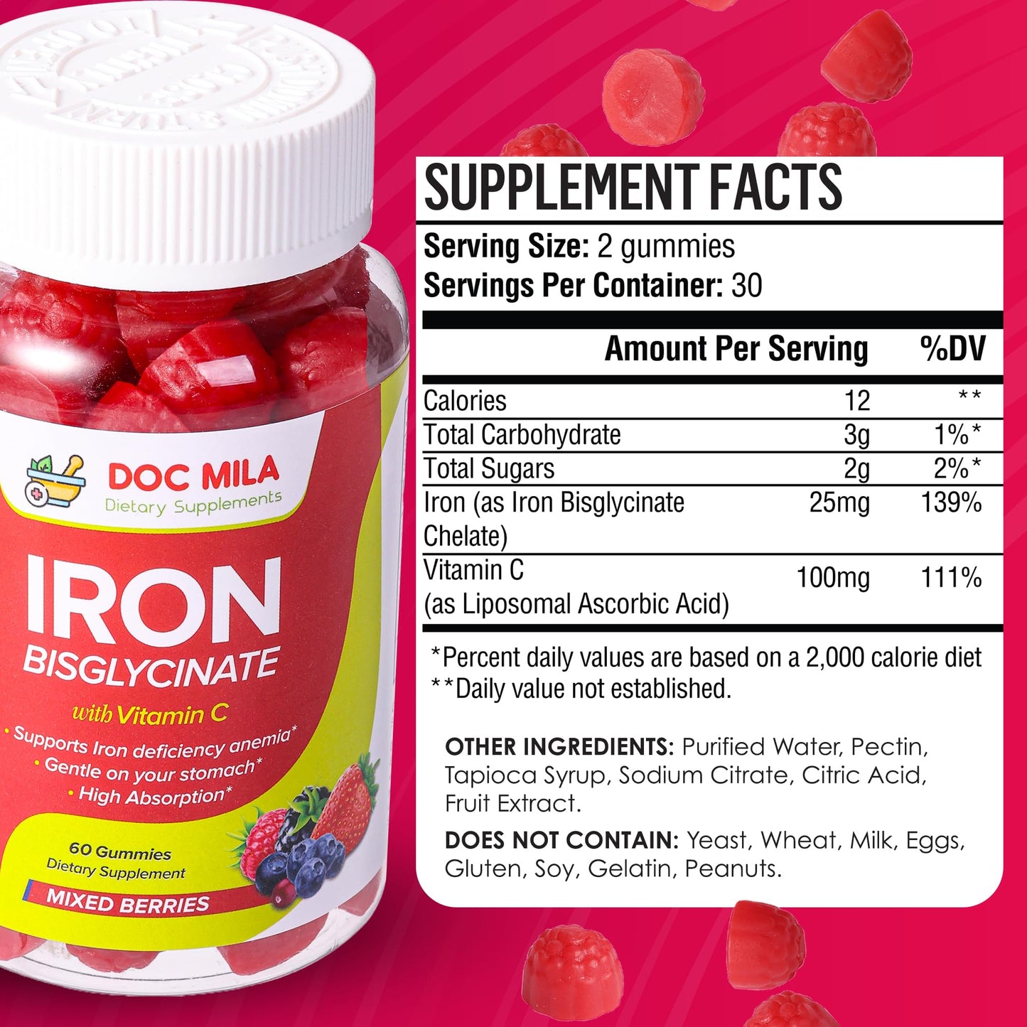 Iron Bisglycinate Gummies 25mg + Liposomal Vitamin C – 60 Gummies for Kids & Adults (1 Month Supply) | Chelated Iron Supplement