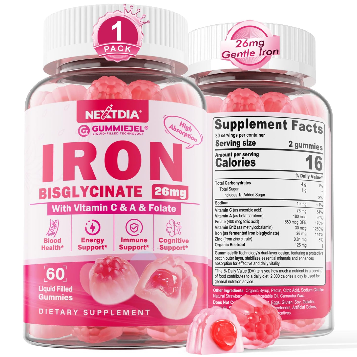 Iron Bisglycinate Gummies with Vitamin C - Sugar-Free, Gentle Iron for Adults