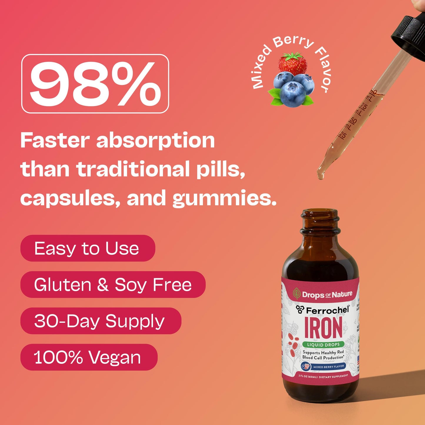 Liquid Iron Drops for Women - High Absorption, Vegan & Non-GMO (60ml) - Mixed Berry