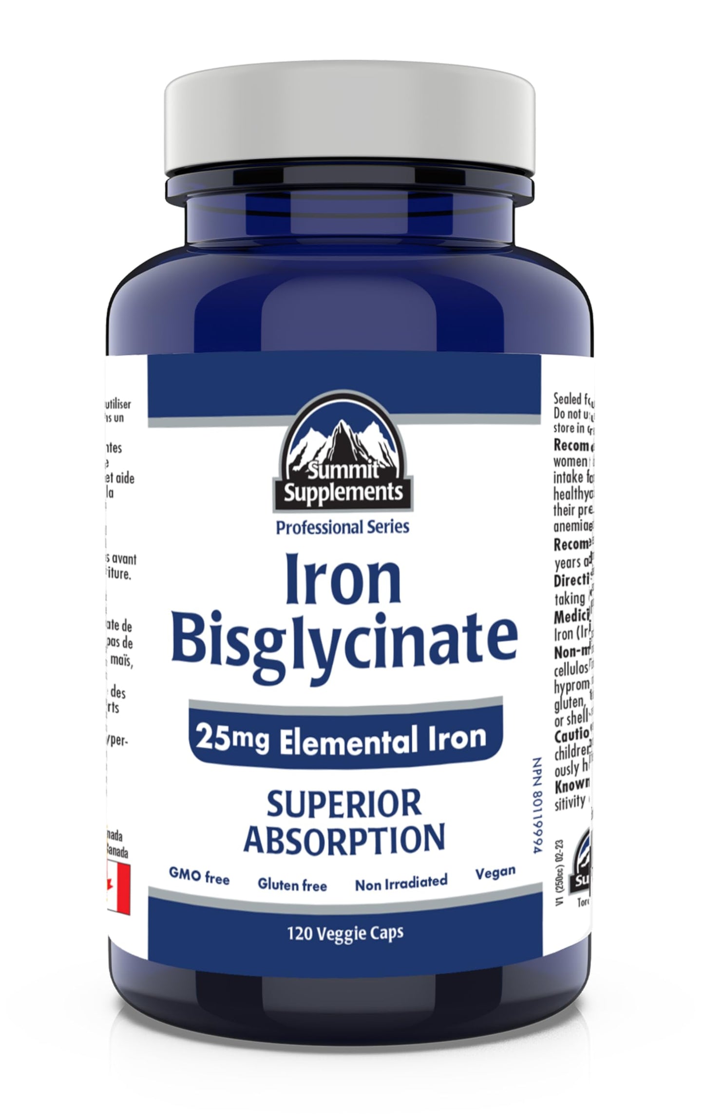Iron Bisglycinate for Pregnancy – 120 Caps, 25mg Iron – Made in Canada
