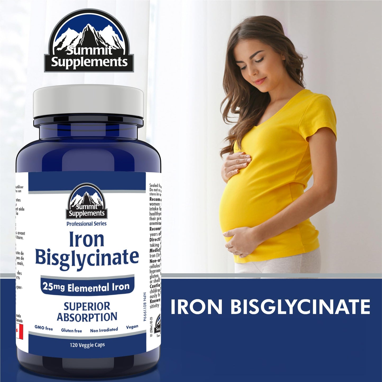 Iron Bisglycinate for Pregnancy – 120 Caps, 25mg Iron – Made in Canada