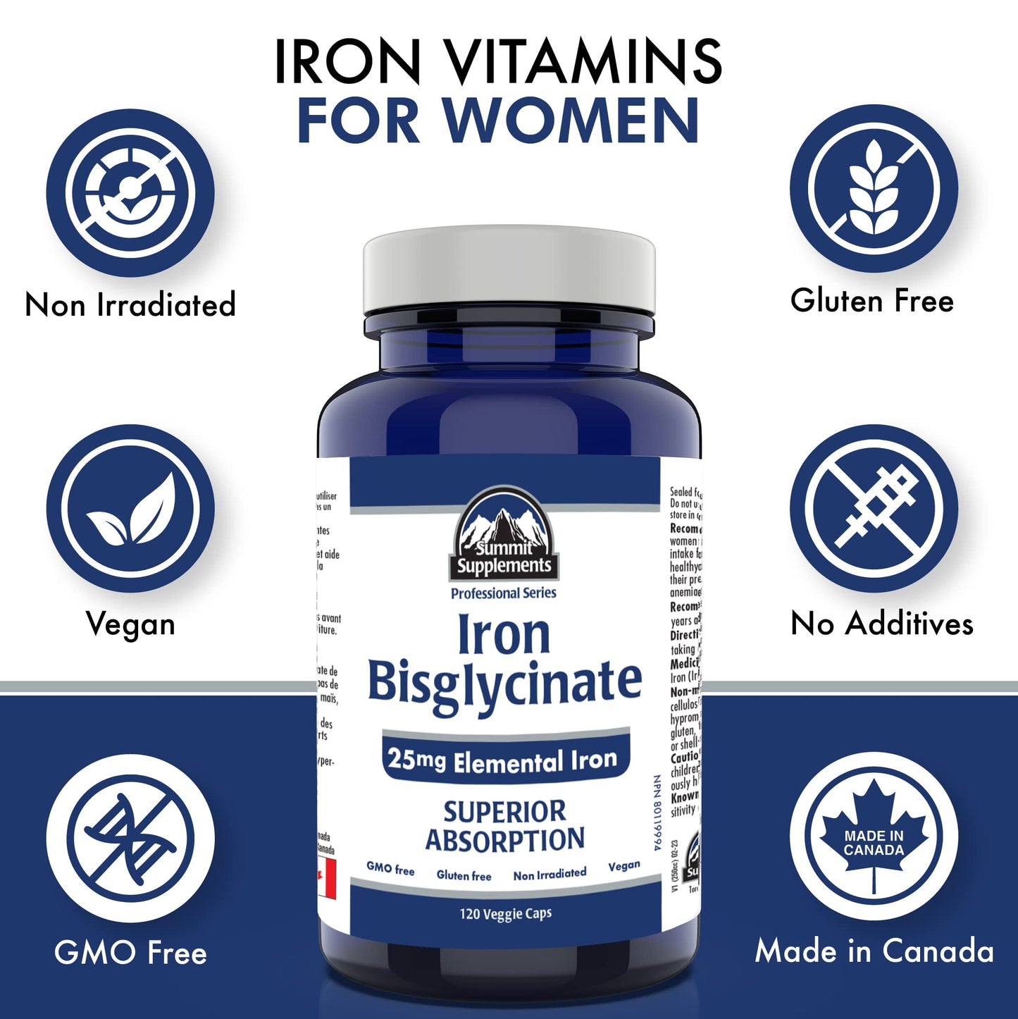 Iron Bisglycinate for Pregnancy – 120 Caps, 25mg Iron – Made in Canada