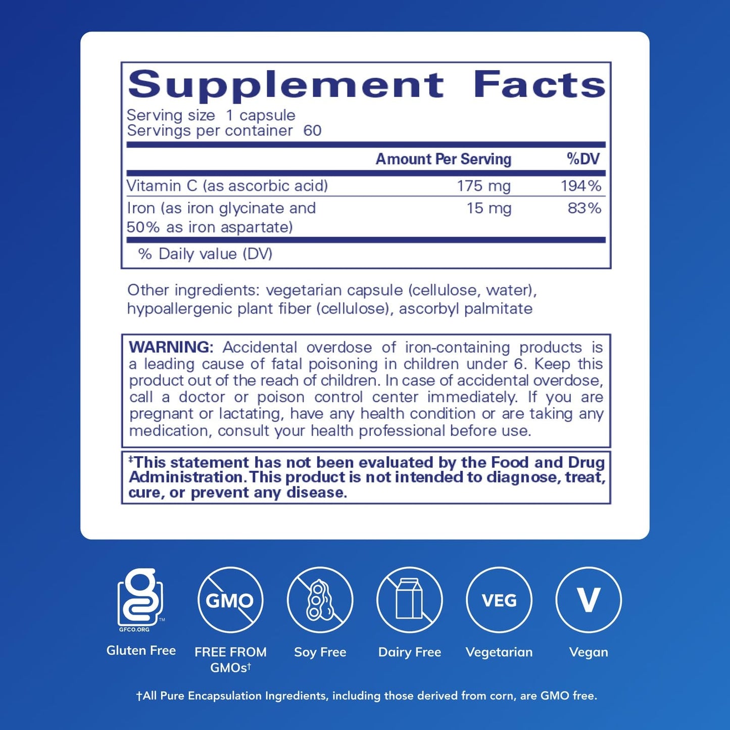 Pure Encapsulations Iron-C: Iron 15 mg + Vitamin C 175 mg | Red Blood Cell Support | Gluten Free & Vegan - 60 Capsules