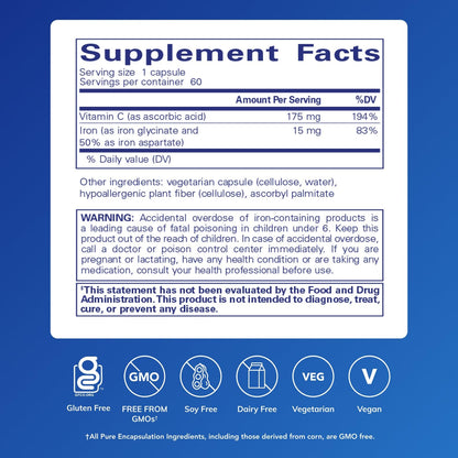 Pure Encapsulations Iron-C: Iron 15 mg + Vitamin C 175 mg | Red Blood Cell Support | Gluten Free & Vegan - 60 Capsules