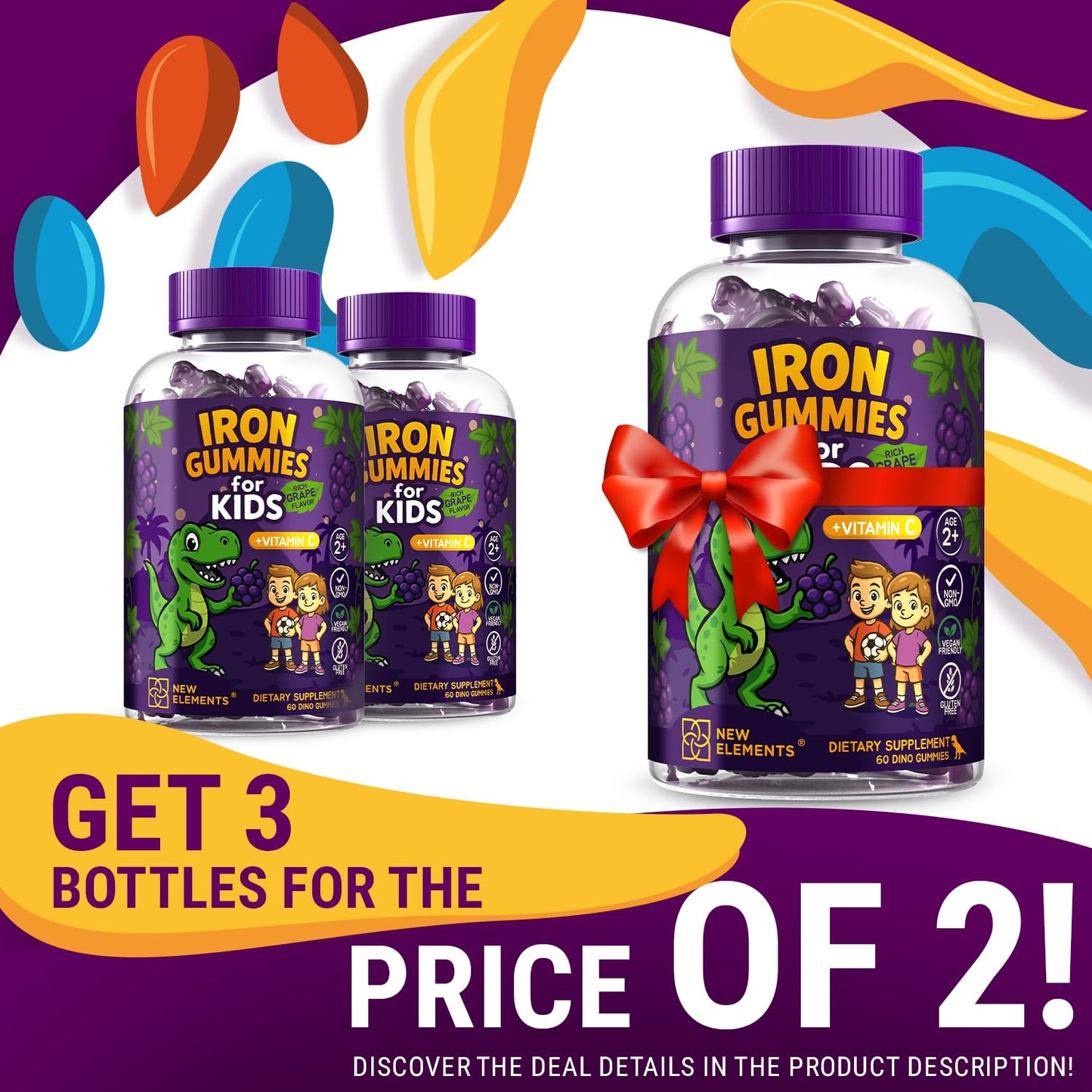 Iron Dinosaur Gummies for Kids with Vitamin C – Grape Flavor (Pack of 2)