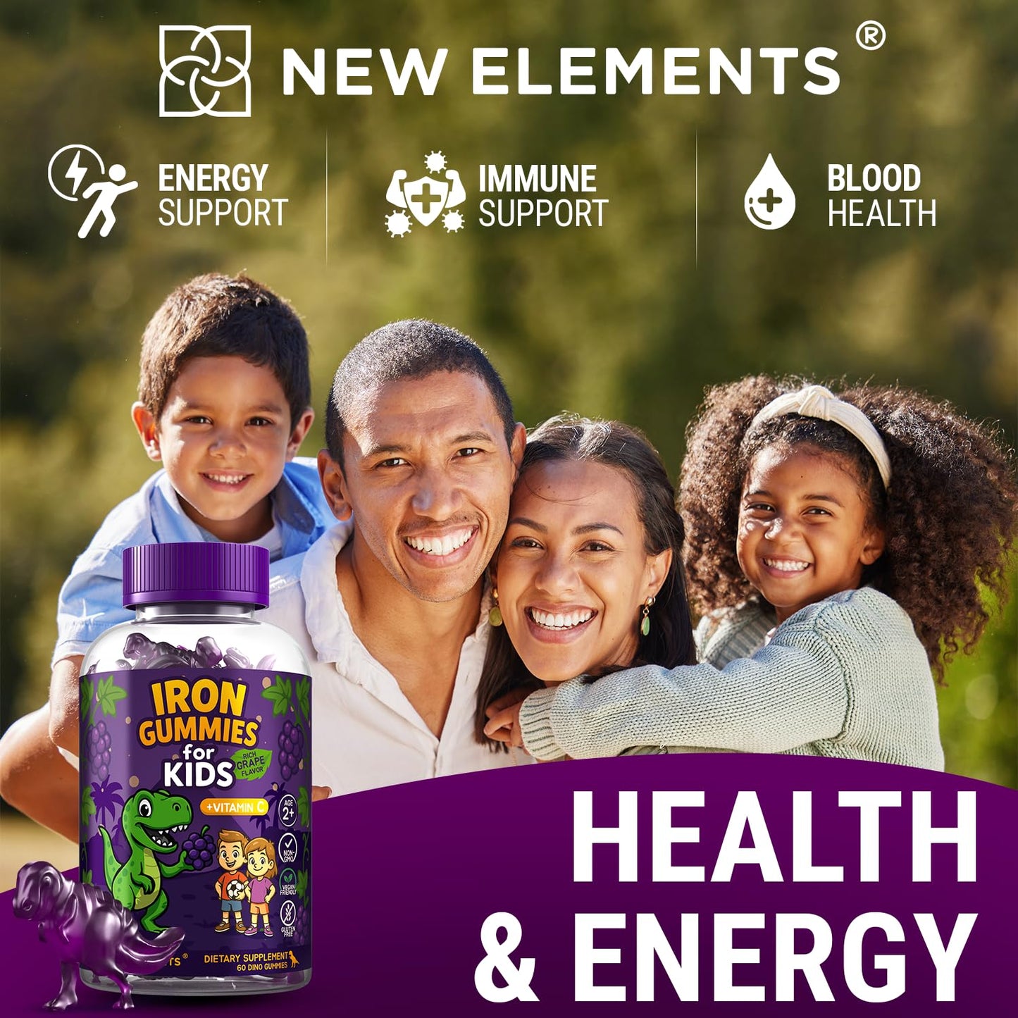 Iron Dinosaur Gummies for Kids with Vitamin C – Grape Flavor (Pack of 2)