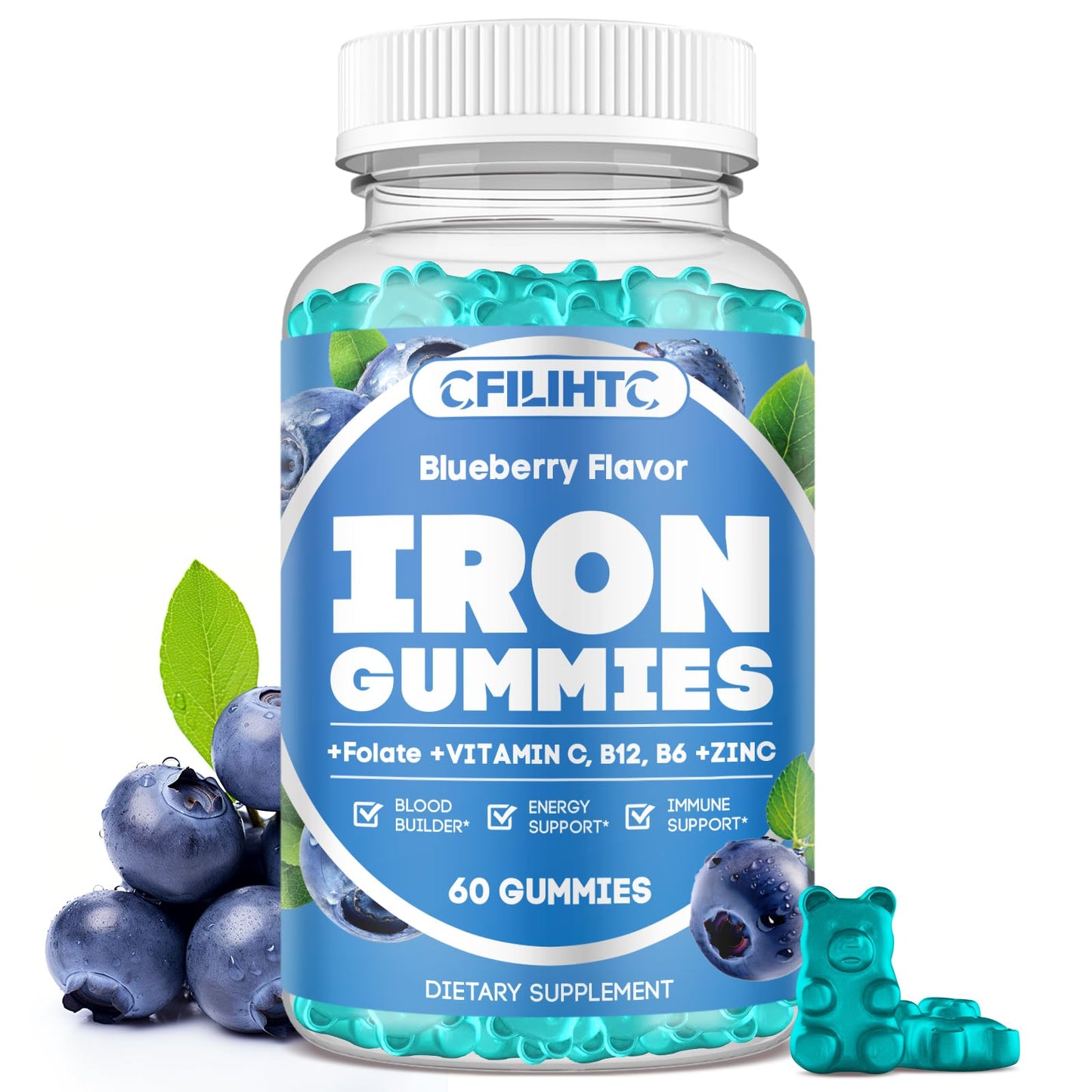 Iron Gummies for Women & Men – Vegan Sugar-Free Iron Supplement (60 ct) with B6, B12, C, Zinc