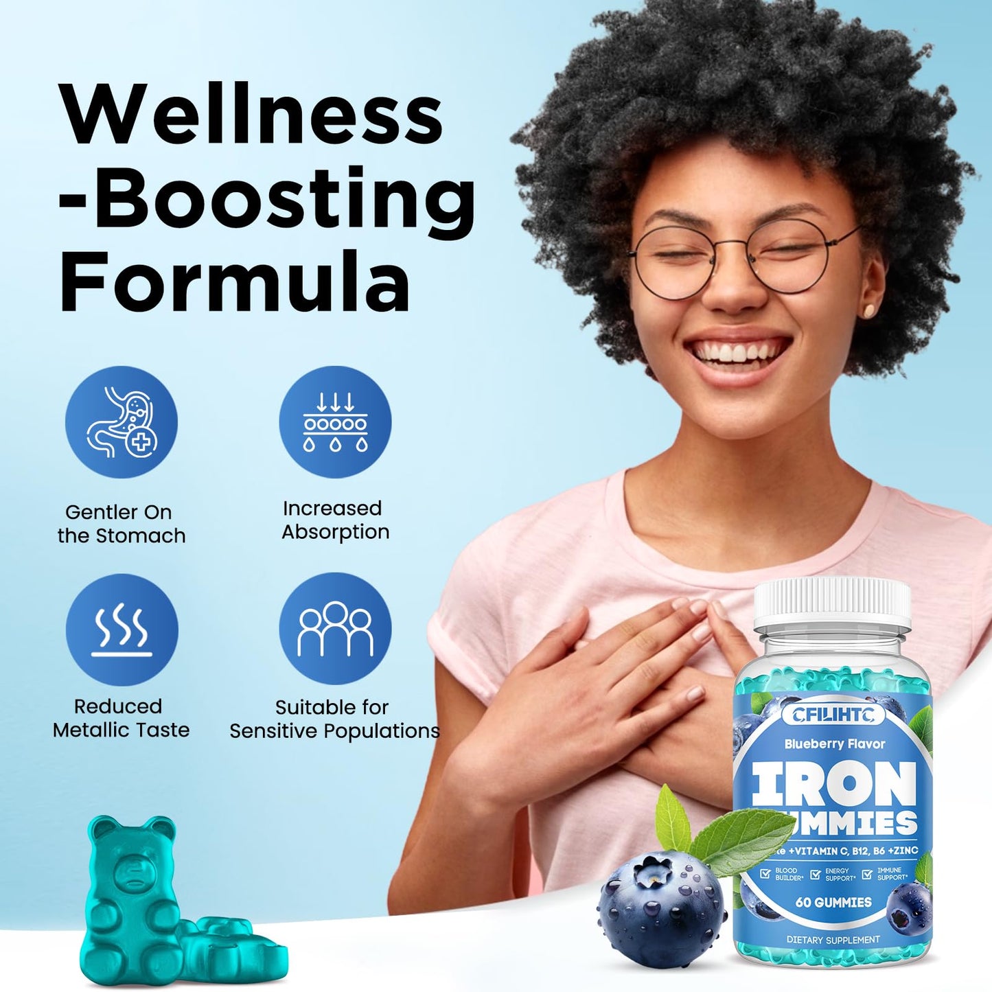 Iron Gummies for Women & Men – Vegan Sugar-Free Iron Supplement (60 ct) with B6, B12, C, Zinc