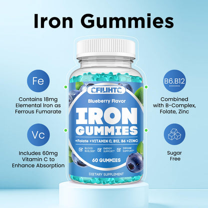 Iron Gummies for Women & Men – Vegan Sugar-Free Iron Supplement (60 ct) with B6, B12, C, Zinc