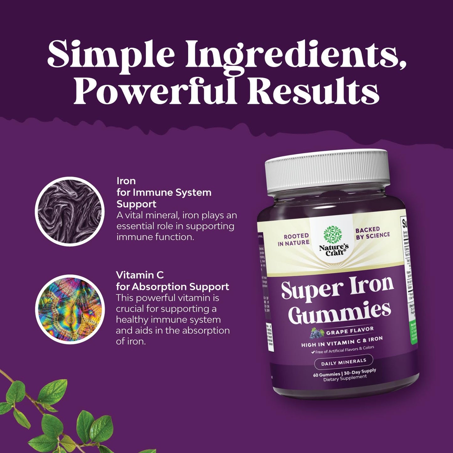 Extra Strength Iron Gummies 45mg per Serving - Vegan Iron Supplement for Adults (60 Servings)