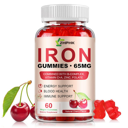 Iron Gummies 65mg Iron + Vitamin C 250mg | For Women, Men & Kids – Cherry (60 Count)