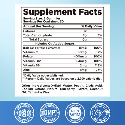 Iron Gummies for Women & Men – Vegan Sugar-Free Iron Supplement (60 ct) with B6, B12, C, Zinc