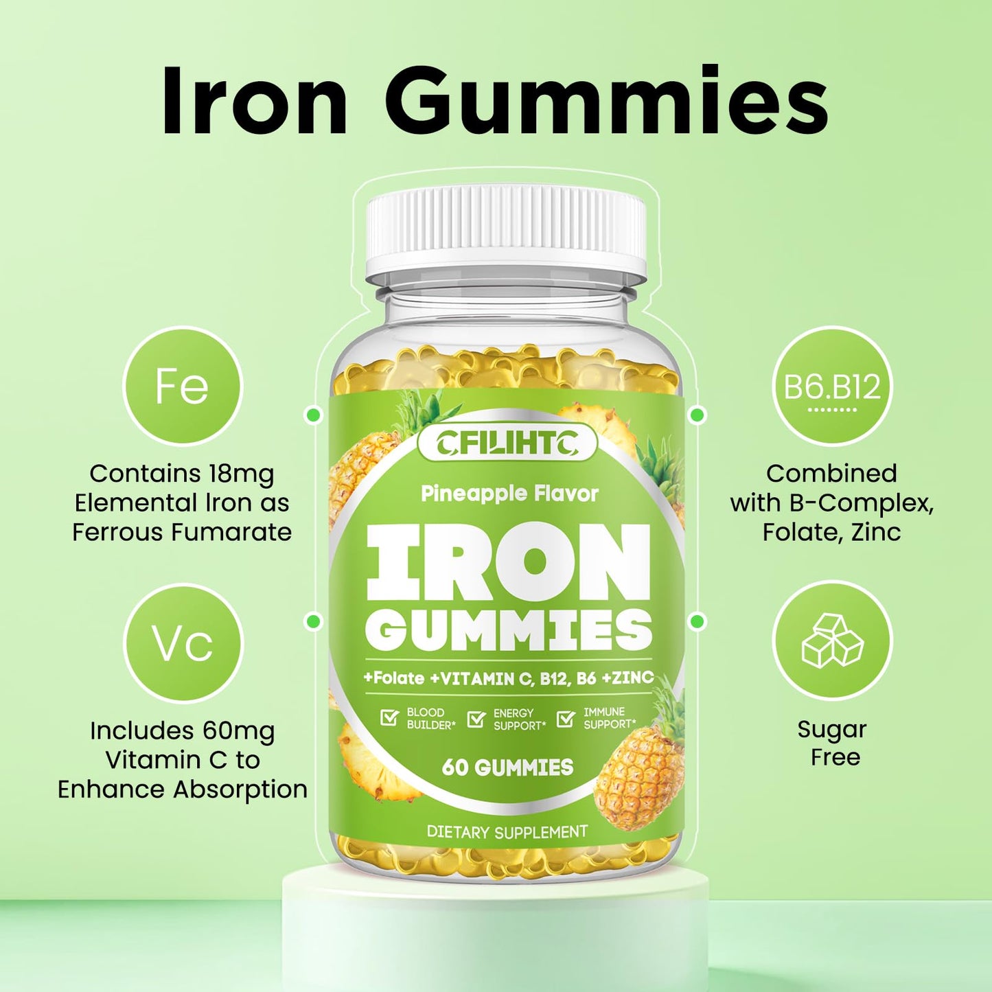 Iron Gummies for Adults & Kids – Vegan Iron Supplement with B6, B12, C, Zinc, Folate | Pineapple 60ct