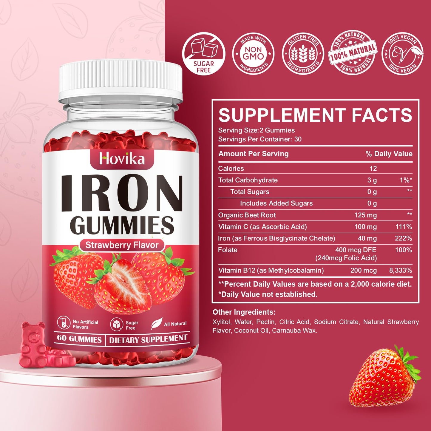 Iron Gummies for Women & Men – Sugar Free Strawberry, 60 Gummies | Iron Bisglycinate with Vitamin C, B12 & Folate
