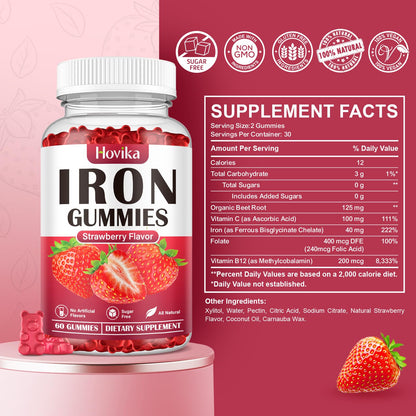 Iron Gummies for Women & Men – Sugar Free Strawberry, 60 Gummies | Iron Bisglycinate with Vitamin C, B12 & Folate