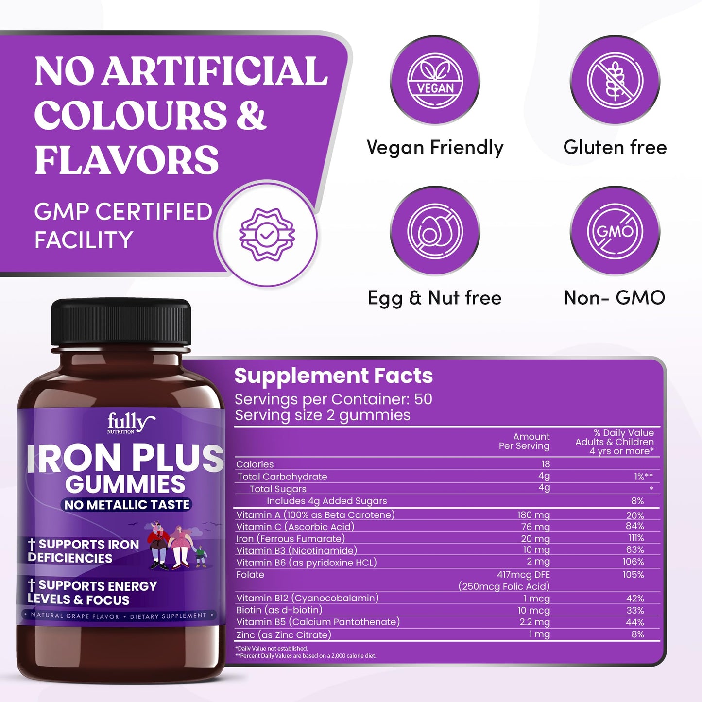 Iron Gummies for Women, Men & Kids – Fresh Grape Flavor, 100 Gummies (50 Days) | Iron Deficiency & Anemia Support