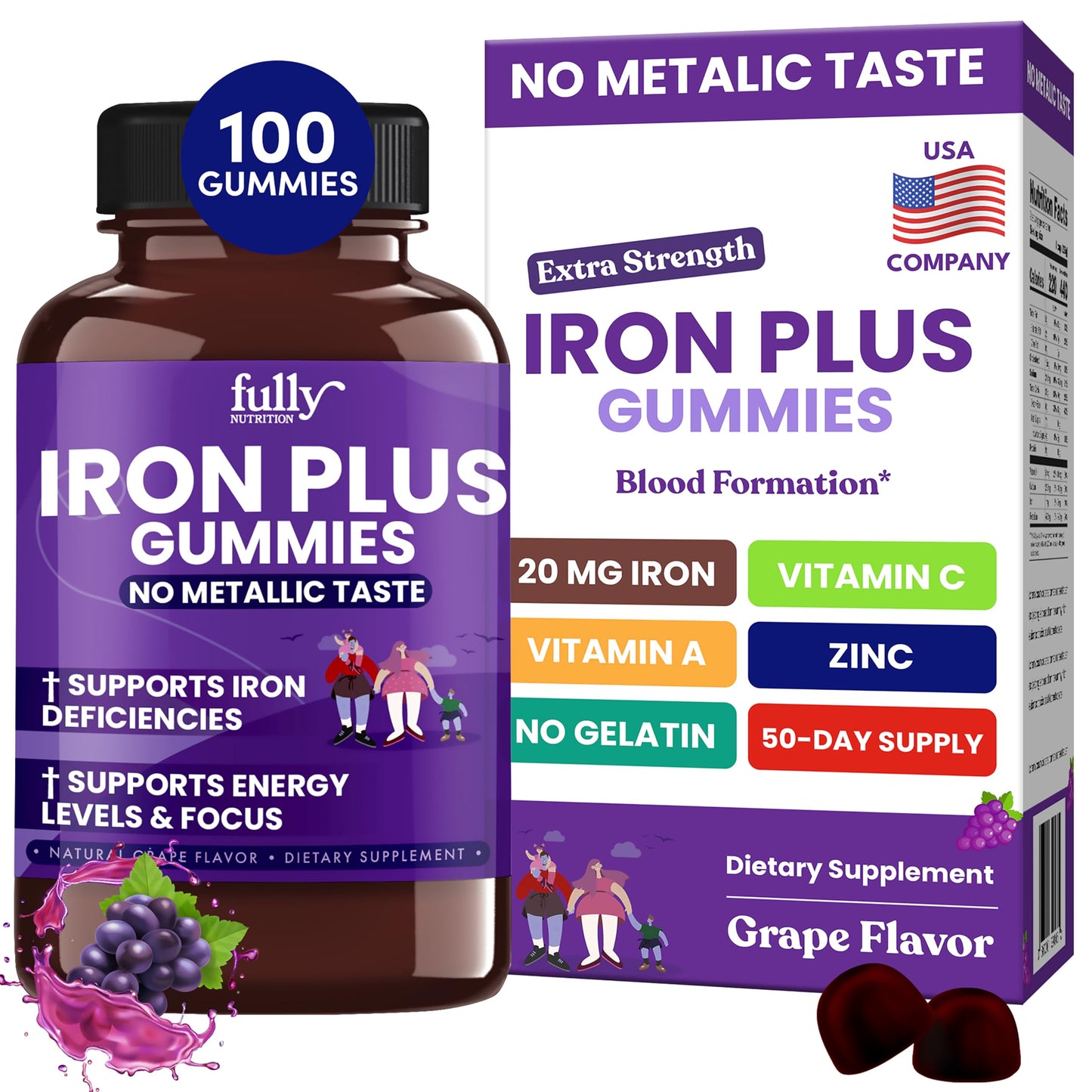Iron Gummies for Women, Men & Kids – Fresh Grape Flavor, 100 Gummies (50 Days) | Iron Deficiency & Anemia Support