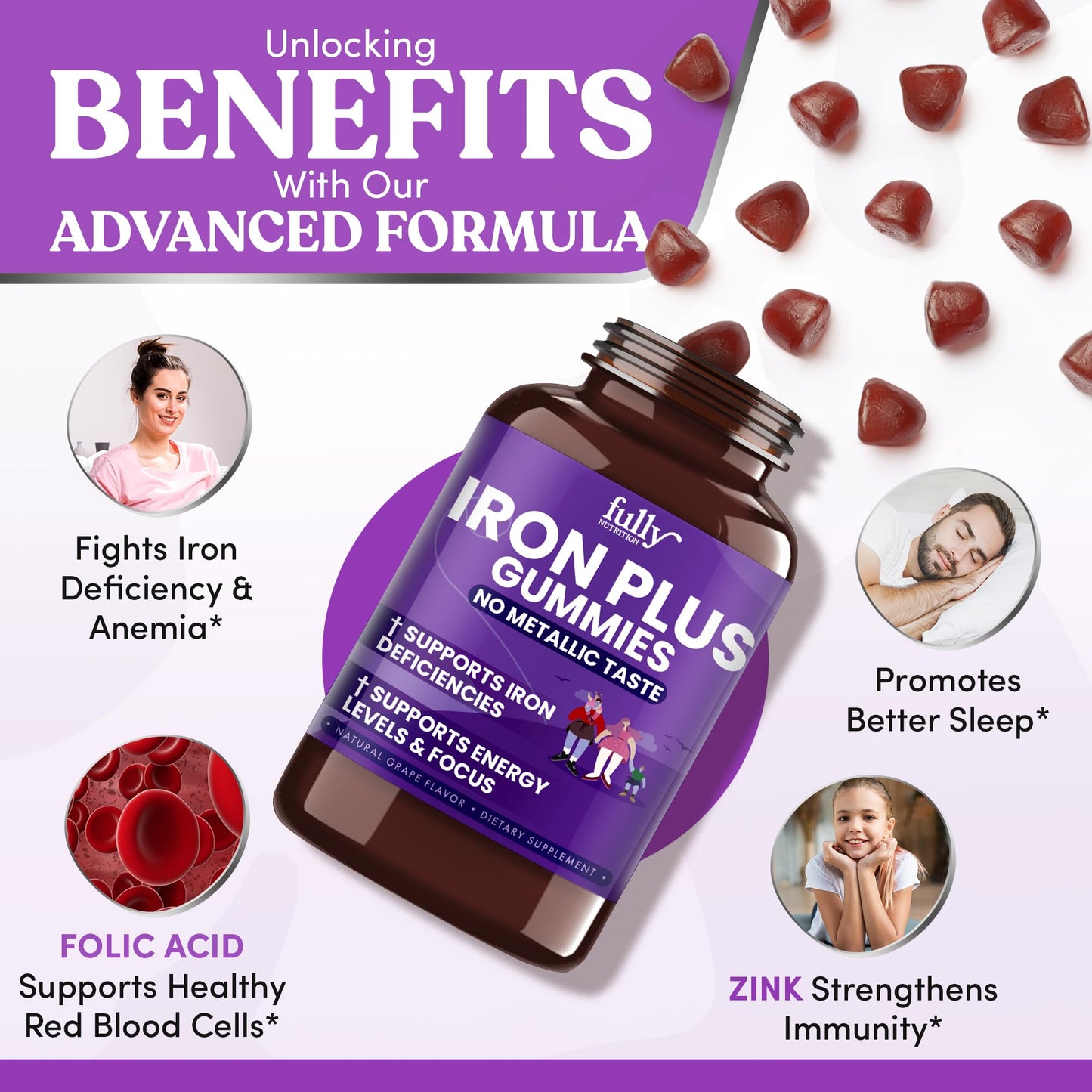 Iron Gummies for Women, Men & Kids – Fresh Grape Flavor, 100 Gummies (50 Days) | Iron Deficiency & Anemia Support