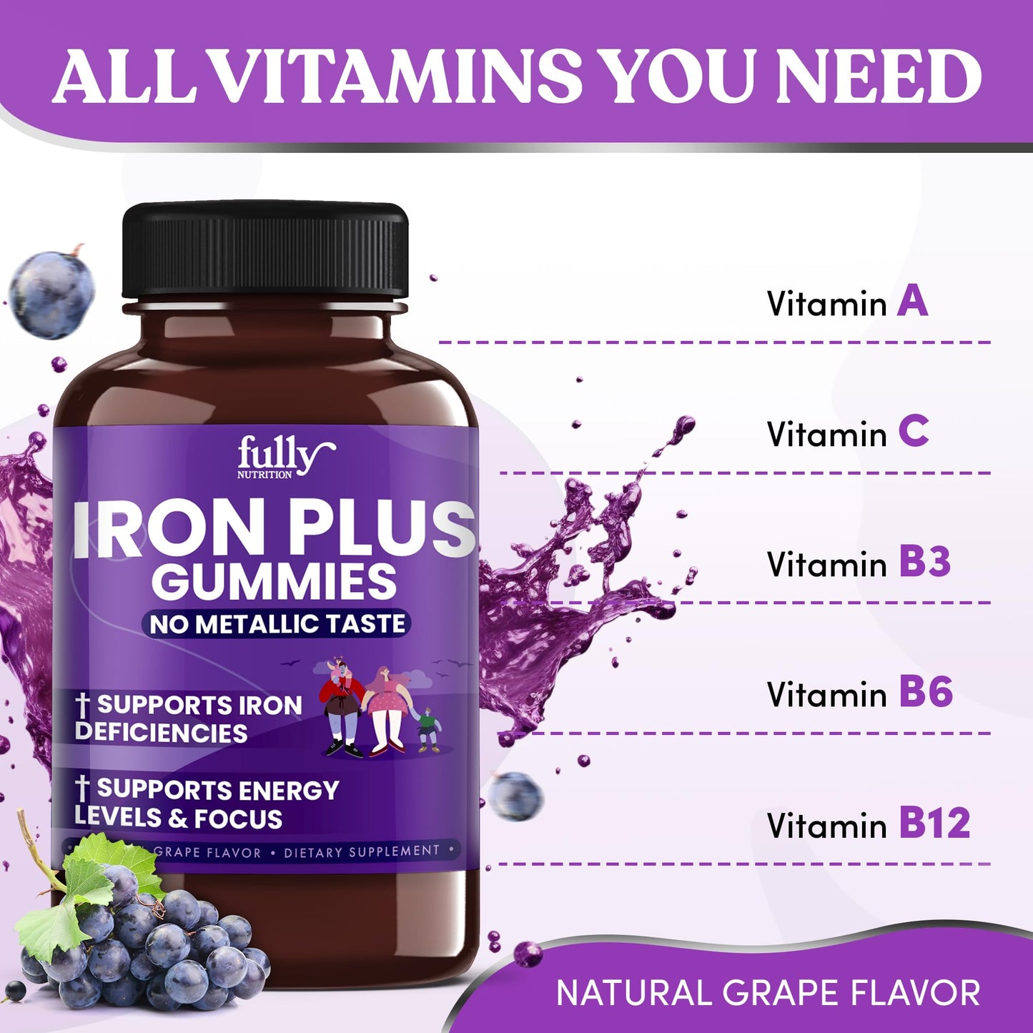 Iron Gummies for Women, Men & Kids – Fresh Grape Flavor, 100 Gummies (50 Days) | Iron Deficiency & Anemia Support