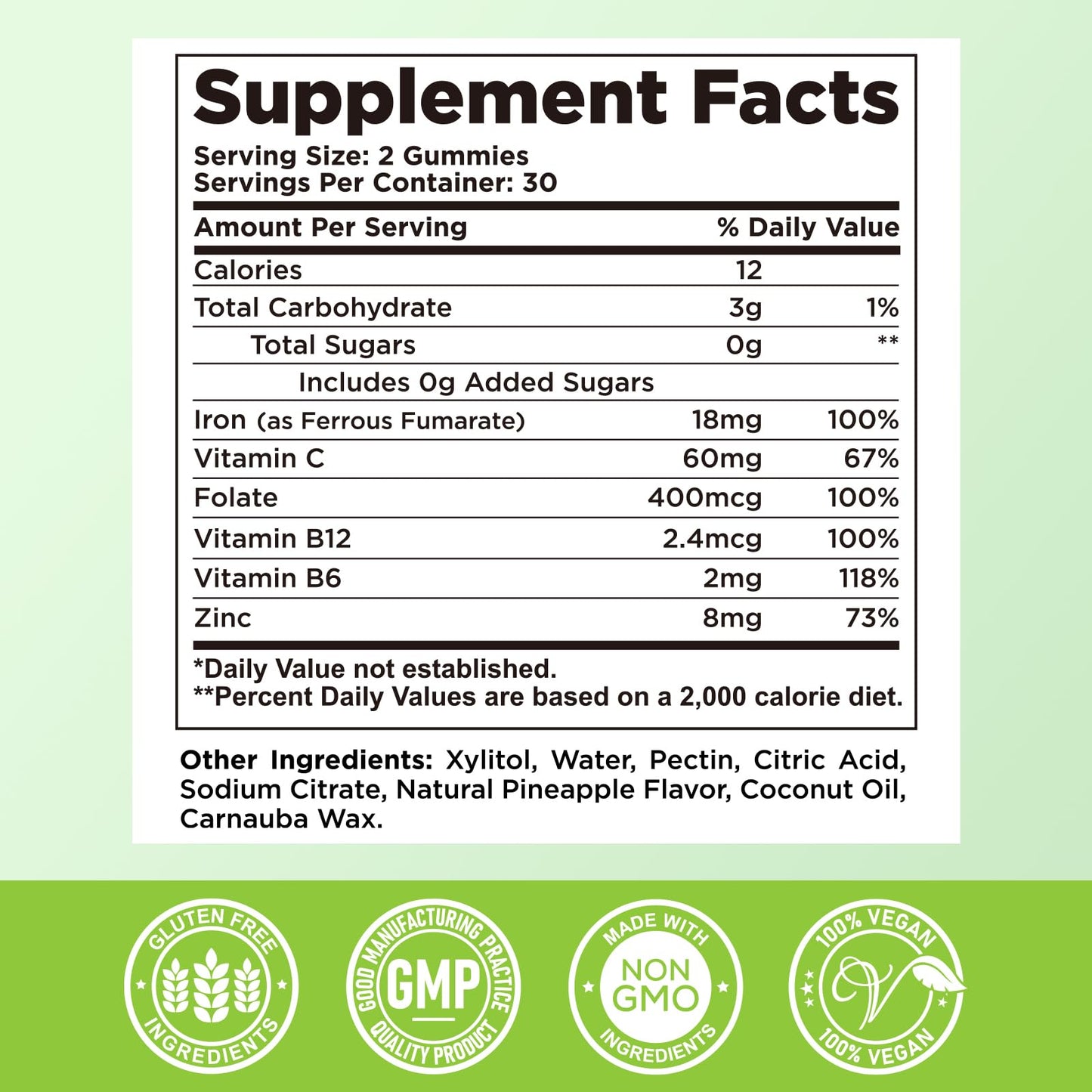 Iron Gummies for Adults & Kids – Vegan Iron Supplement with B6, B12, C, Zinc, Folate | Pineapple 60ct