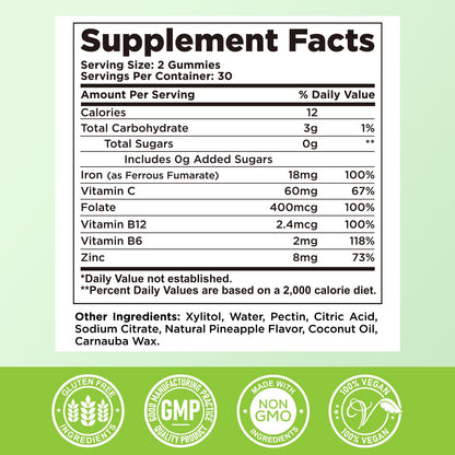 Iron Gummies for Adults & Kids – Vegan Iron Supplement with B6, B12, C, Zinc, Folate | Pineapple 60ct