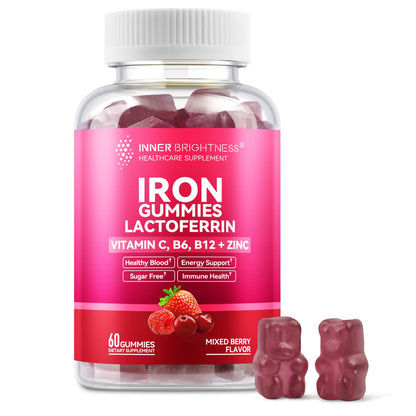 Iron Gummies with Lactoferrin, Vitamin C, B6, B12 & Zinc – Sugar-Free, Vegan (60 Count)