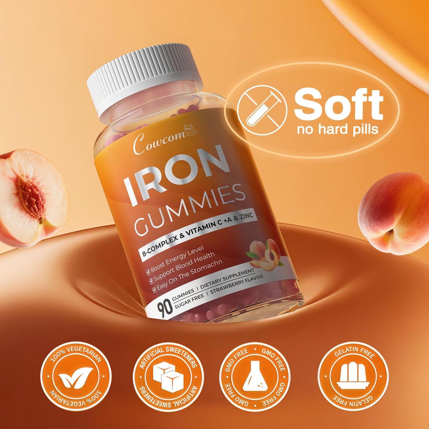 Iron Gummies with Vitamins C, A, B6, B12, Folate & Zinc - Peach Vegan Chewables (90 Count)