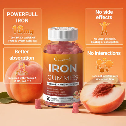 Iron Gummies with Vitamins C, A, B6, B12, Folate & Zinc - Peach Vegan Chewables (90 Count)